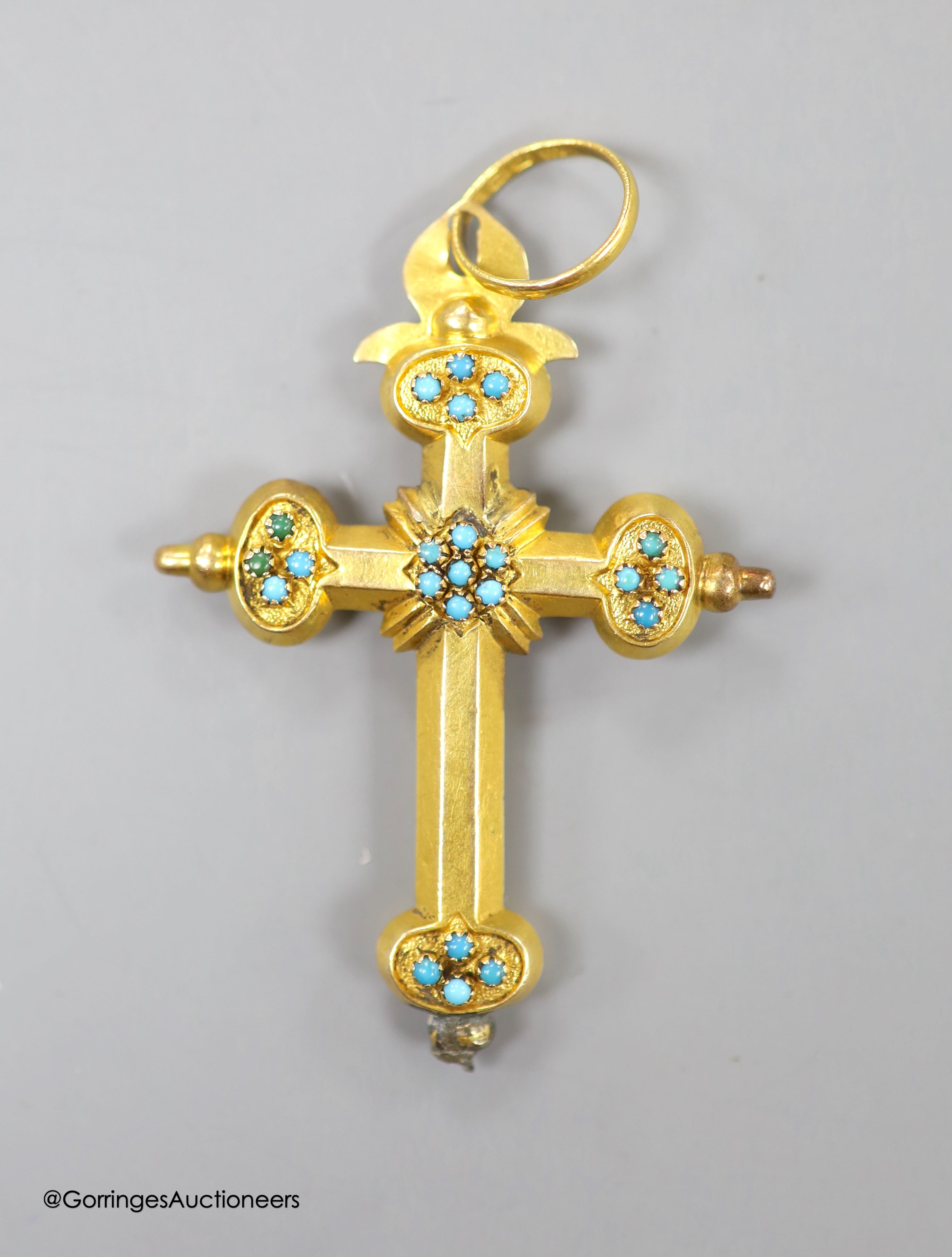 A Victorian hollow yellow metal and turquoise set cross pendant, (a.f.), 68mm, gross weight 10.1 grams.